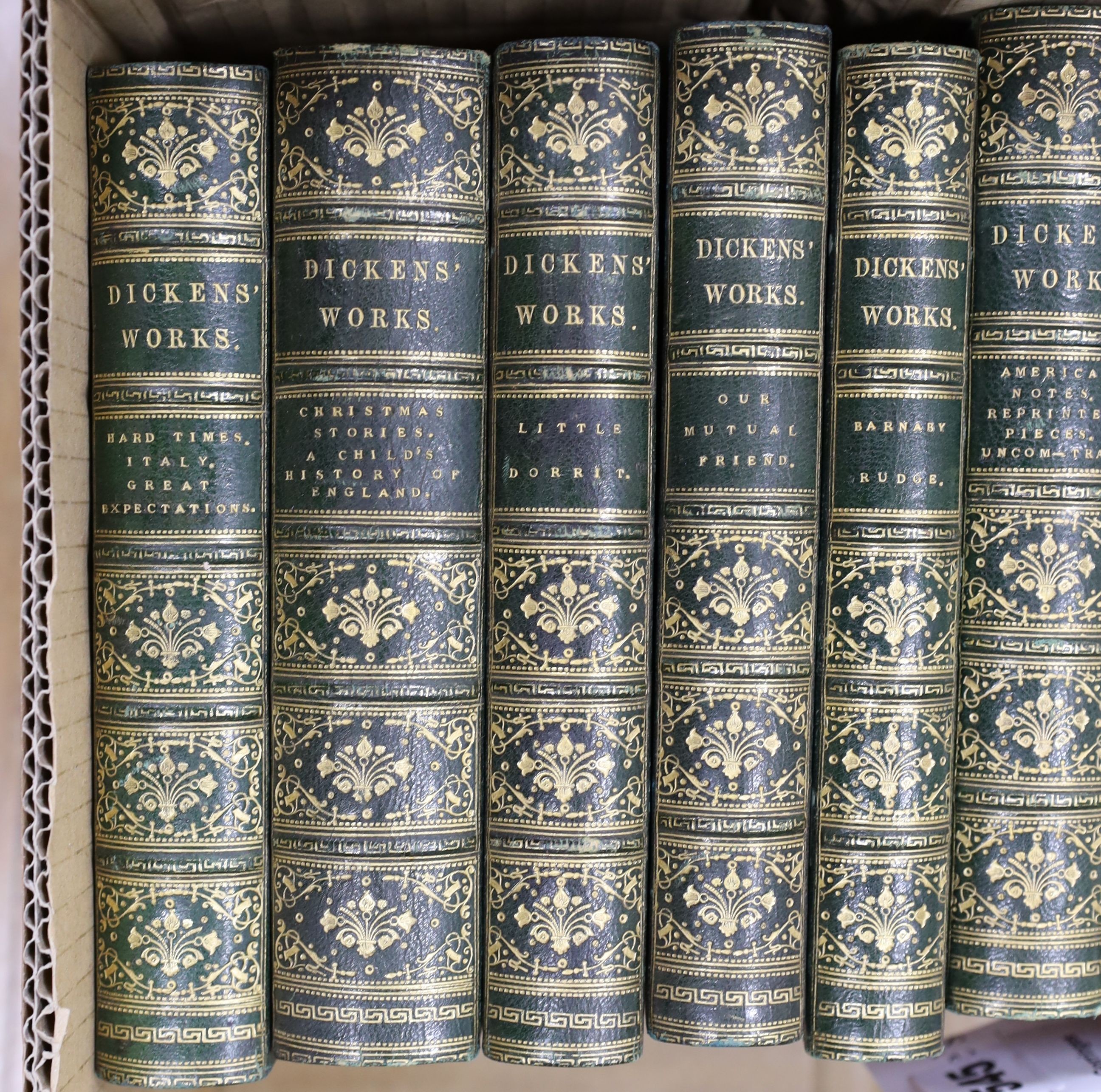 Dickens, Charles - The Charles Dickens Edition, 15 vols (only, ex.21), num. engraved plates; contemp. green half morocco and marbled boards, gilt-decorated and panelled spines, marbled edges and e/ps., cr.8vo (1867-)